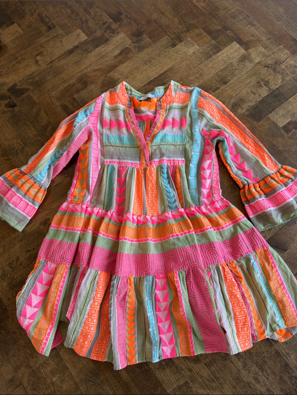 Devotion TWINS Multicolor Striped & Geo Mini Dress - Pink, Orange, Aqua, Tan